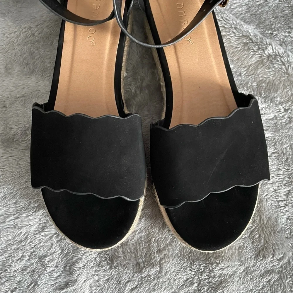Bamboo Black Scallop Edged Band Platform Espadrille Sandals Size 7.5 Ankle Strap